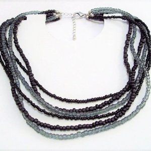 Black Grey Necklace Silver Tone Vintage Six Strand Seed Bead